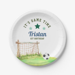 Voetbal Rookie “It's Game Time” Eerste Verjaardag Papieren Bordje