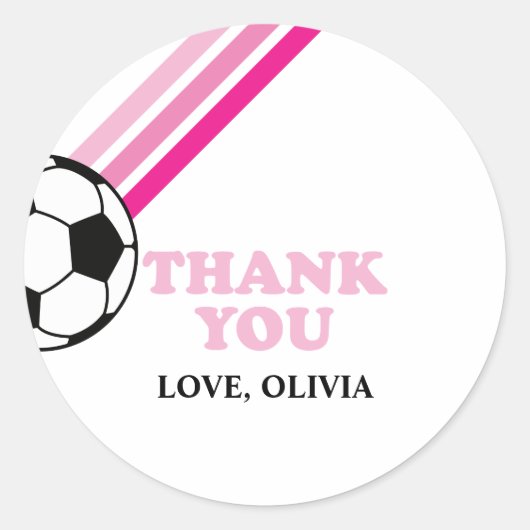Voetbal roze strepen dank u verjaardag ronde sticker (Voorkant)