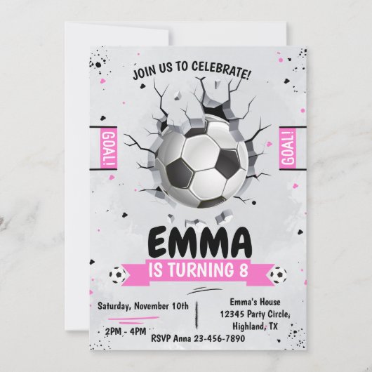 Voetbal Roze Verjaardag uitnodiging (Voorkant)