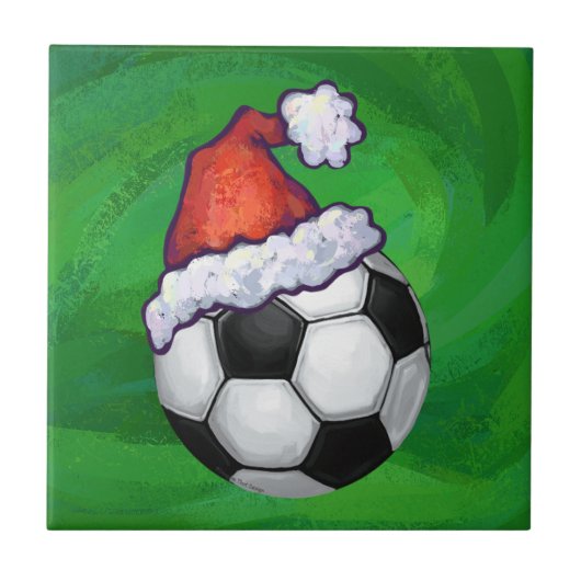 Voetbal Santa Hat op groen Tegeltje (Voorkant)