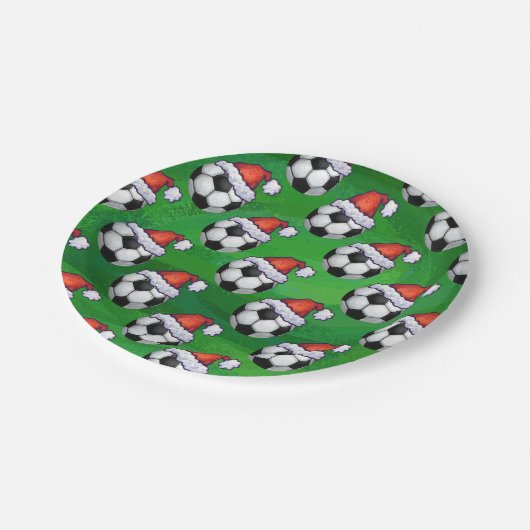 Voetbal Santa Hat Pattern op Green Papieren Bordje (Gekanteld)