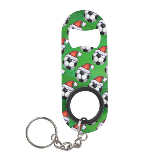 Voetbal Santa Hat Pattern op Green Sleutelhanger Flessenopener (Voorkant)