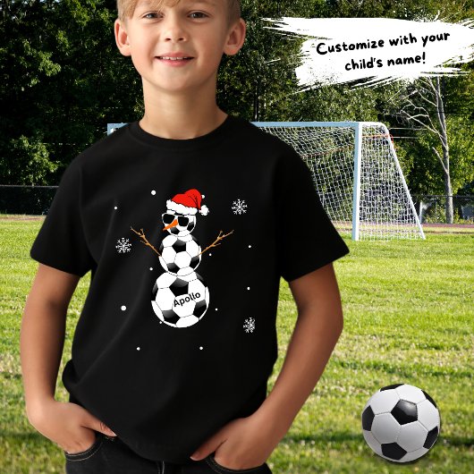 Voetbal Sneeuwman Santa Hoed met Kindernaam T-shirt