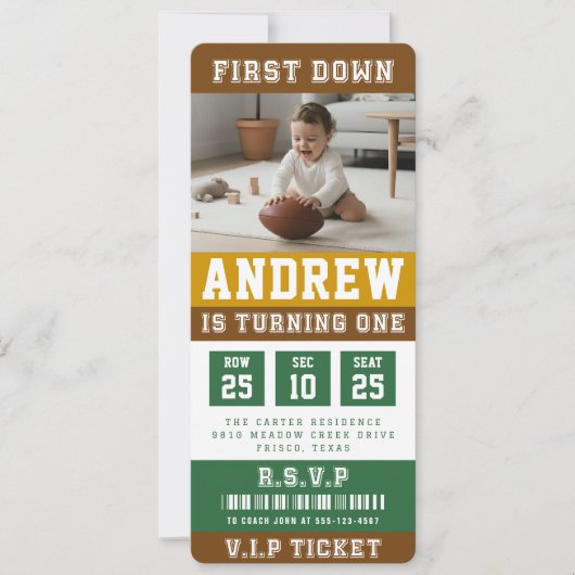 Voetbal Ticket First Down 1e Verjaardag Kinderen F Kaart (Voorkant)