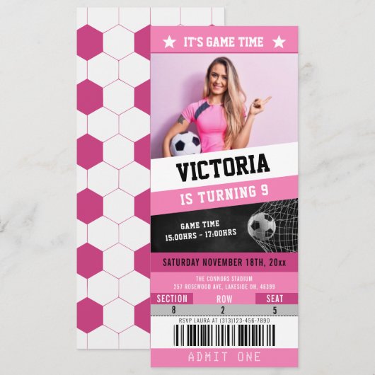 Voetbal Ticket Sport Verjaardag Uitnodiging | Roze (Voorkant / Achterkant)