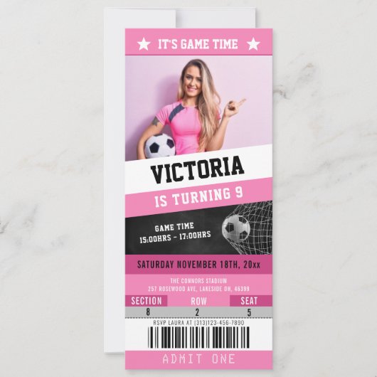 Voetbal Ticket Sport Verjaardag Uitnodiging | Roze (Voorkant)