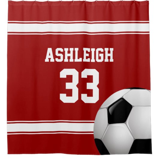 Voetbal van Rode en Witte Stripes Jersey Douchegordijn (Voorkant)