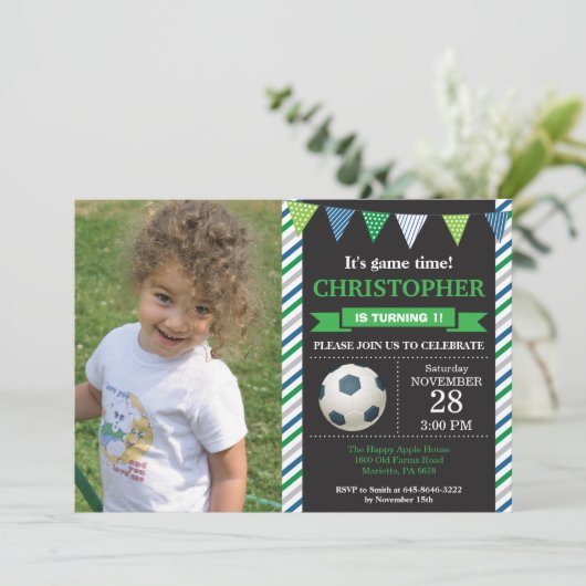 Voetbal Verjaardag Uitnodiging 1e Verjaardag Party (Staand voorkant)