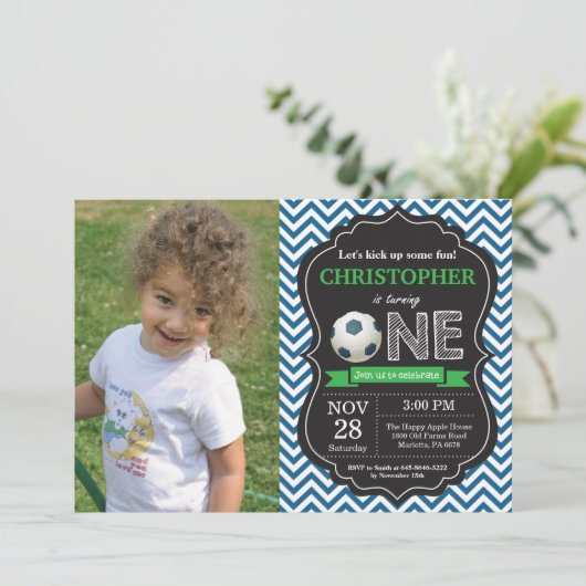 Voetbal Verjaardag Uitnodiging 1e Verjaardag Party (Staand voorkant)