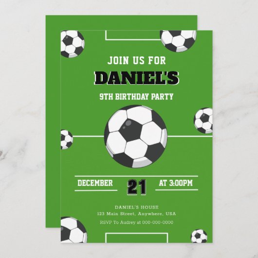 Voetbal Verjaardag Uitnodiging Groen en Zwart Mode (Voorkant / Achterkant)