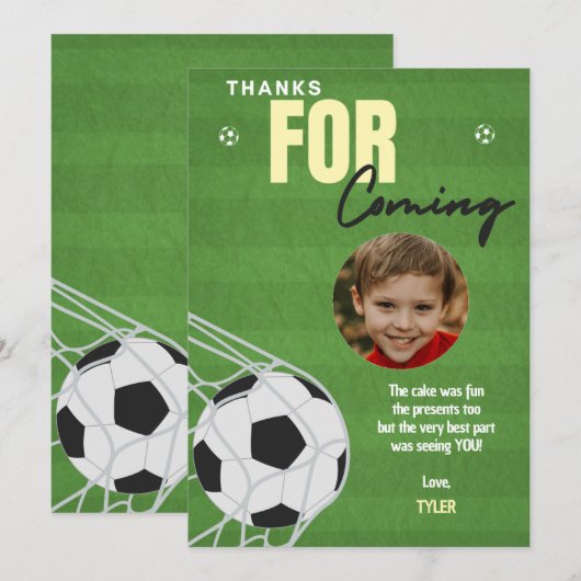 Voetbal verjaardagsfeestje dank je kaart (Voorkant / Achterkant)