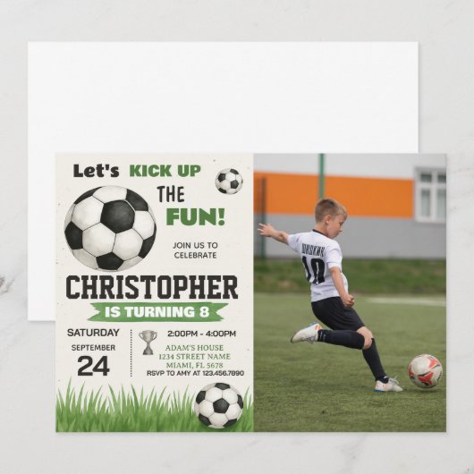 Voetbal verjaardagsuitnodiging met foto kaart (Voorkant / Achterkant)