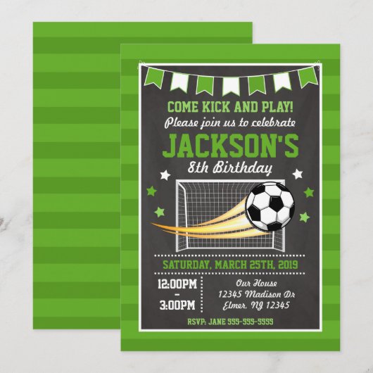 Voetbal verjaardagsuitnodiging voor jongens kaart (Voorkant / Achterkant)