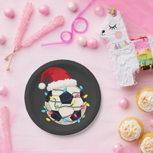 Voetbal verpakt in kerstverlichting Voetbalspeler Papieren Bordje (Feest)