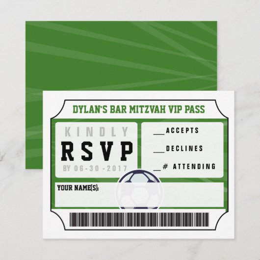 VOETBAL VIP-ANTWOORDKAART Bar Mitswa Uitnodiging (Voorkant / Achterkant)