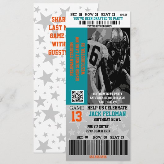 Voetbal VIP Ticket Aqua Blauw & Oranje Verjaardag Kaart (Voorkant / Achterkant)