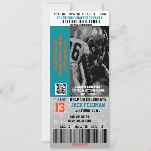 Voetbal VIP Ticket Aqua Blauw & Oranje Verjaardag Kaart (Voorkant)