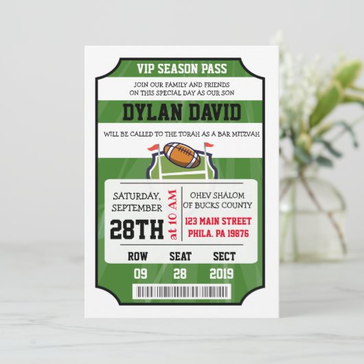 VOETBAL VIP TICKET Bar Mitswa Uitnodiging (Staand voorkant)