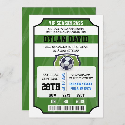 VOETBAL VIP TICKET Bar Mitswa Uitnodiging (Voorkant / Achterkant)