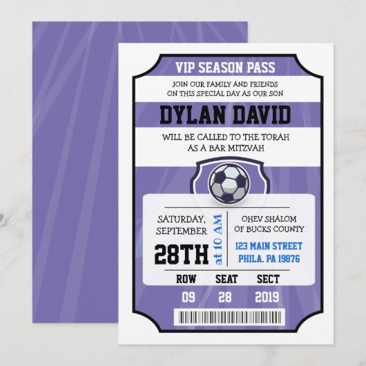 VOETBAL VIP TICKET Paarse Bat Mitzvah Uitnodiging (Voorkant / Achterkant)