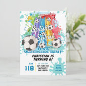 Voetbal Waterslide Pool Party Verjaardag Uitnodigi Kaart (Staand voorkant)