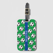 Voetbal, witte naam, blauw & groen bagagelabel (Voorkant (verticaal))