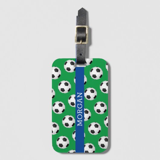 Voetbal, witte naam, blauw & groen bagagelabel (Voorkant (verticaal))
