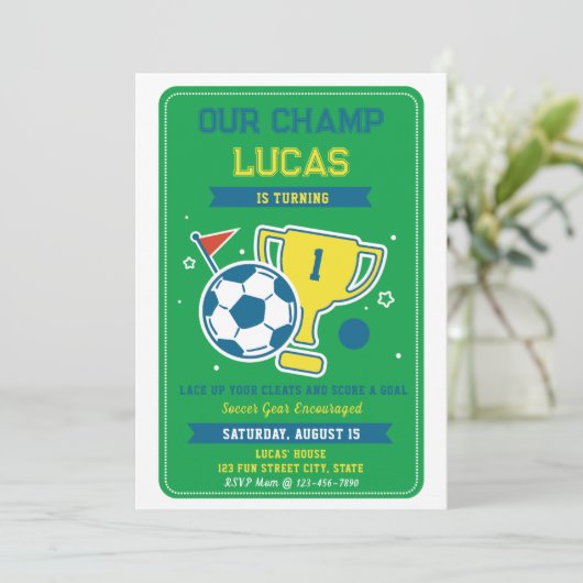 Voetbalkampioen 1e verjaardag uitnodiging (Staand voorkant)