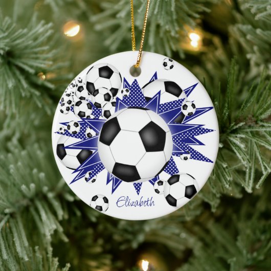 voetballen blauw sterren keramisch ornament (Boom)