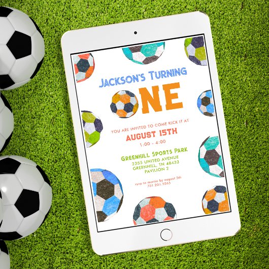 Voetballen EEN Eerste verjaardagsuitnodiging Kaart