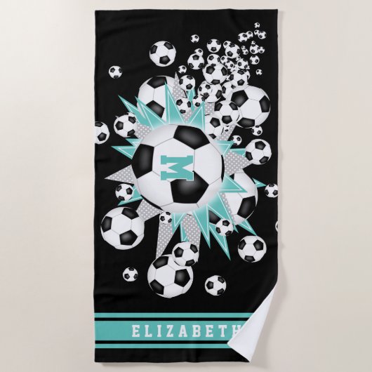 voetballen licht blauwgroen grijs sterren meisjes  strandlaken (Voorkant)