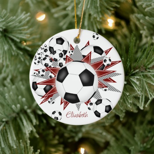 voetballen maroon grijze sterren keramisch ornament (Boom)