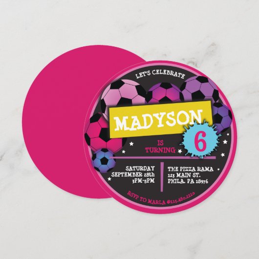 VOETBALLEN Meisjes Verjaardagsfeestuitnodiging Kaart (Voorkant / Achterkant)