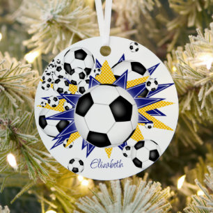 voetballen met blauwe gouden sterren metalen ornament