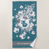 voetballen met blauwgroen grijze sterren haar naam strandlaken (Voorkant)