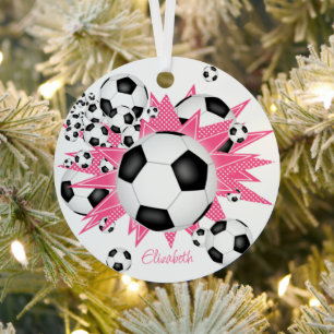 voetballen met roze witte sterren metalen ornament