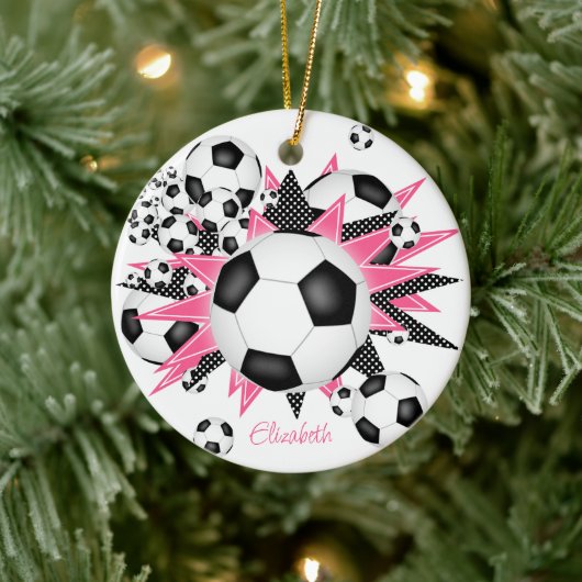voetballen met roze zwarte sterren keramisch ornament (Boom)