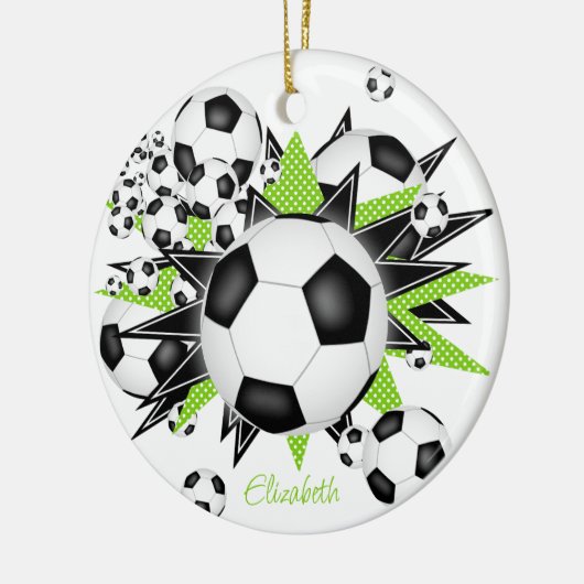 voetballen met zwarte sterren , meisjes keepsak keramisch ornament (Links)