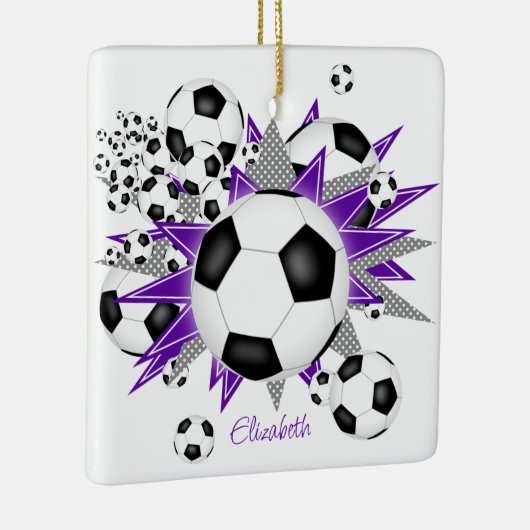 voetballen paarse grijze sterren keramisch ornament (Rechts)