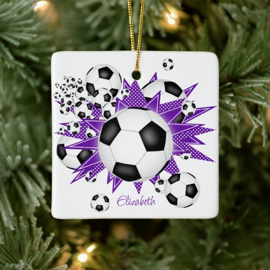 voetballen paarse sterren keramisch ornament (Boom)