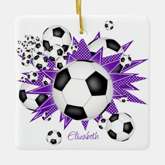 voetballen paarse sterren keramisch ornament (Voorkant)
