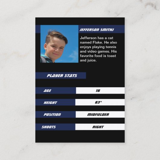 Voetballer Trading Kaart in Zwart Blauw Contactkaartje (Achterkant)