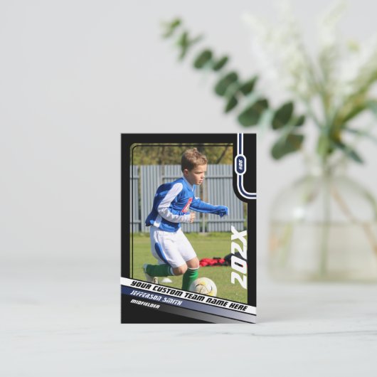 Voetballer Trading Kaart in Zwart Blauw Contactkaartje (Staand voorkant)