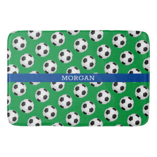 Voetbalpatroon, witte naam, blauw en groen badmat