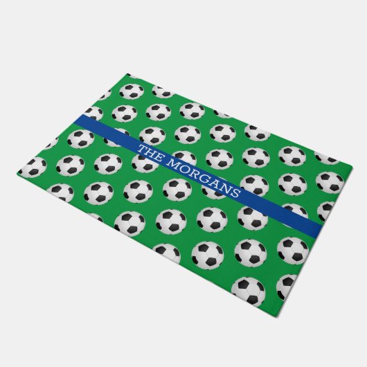 Voetbalpatroon, witte naam, blauw & groen deurmat (Schuin)