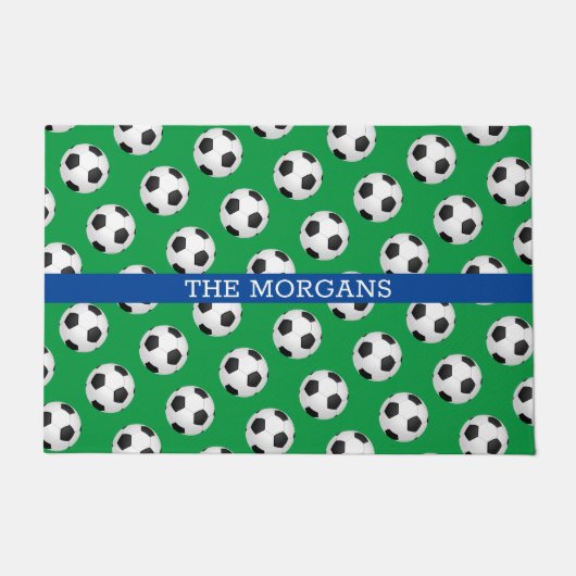 Voetbalpatroon, witte naam, blauw & groen deurmat (Voorkant)