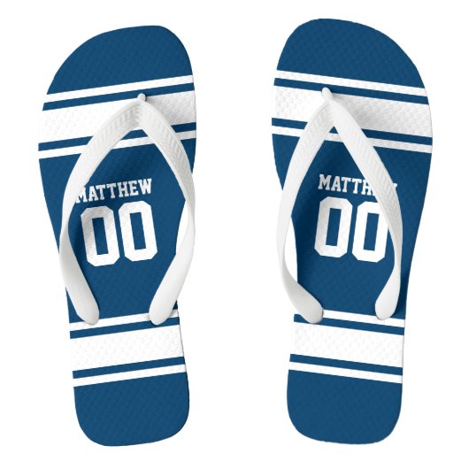Voetbalshirt Blauw|Wit Gepersonaliseerd Teenslippers (Voetbed)