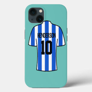 Voetbalshirt in blauwe strepen met naam en nummer iPhone 13 hoesje