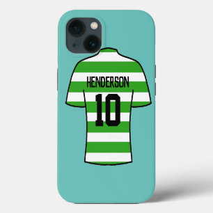 Voetbalshirt in groene strepen met naam en nummer iPhone 13 hoesje