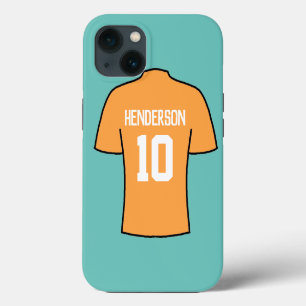 Voetbalshirt in oranje met naam en nummer iPhone 13 hoesje